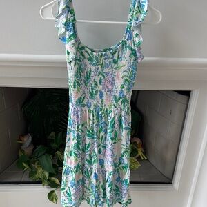 Lilly Pulitzer White Dress with Green, Blue and Pink Leaf Print